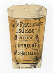 711474 Voorzijde van een openklapbare prijscourant in de vorm van een glas bier, van “Suisse”, Café-Restaurant, ...